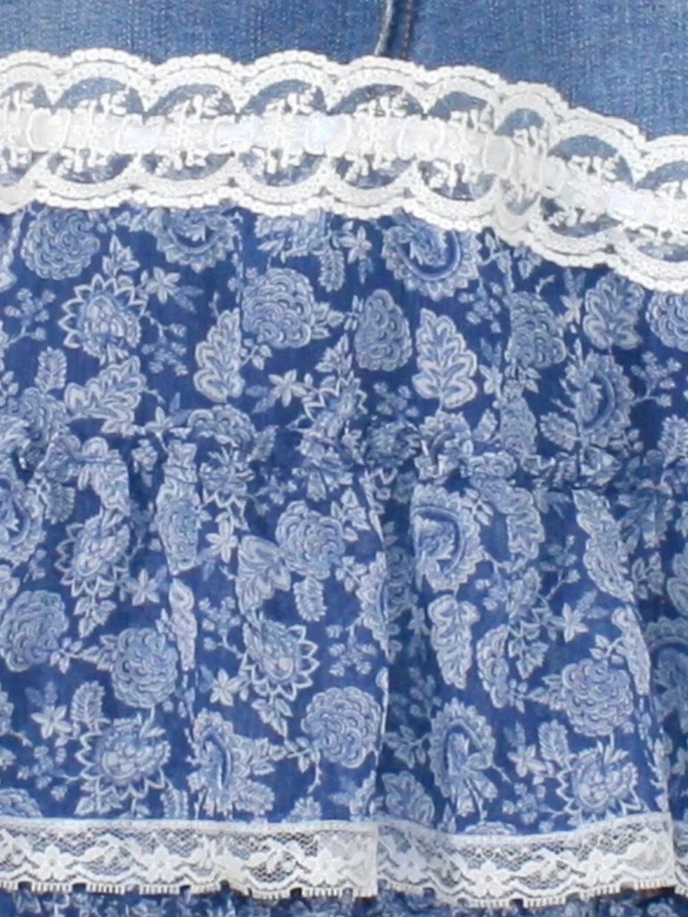 HAND CRAFTED Skirt Denim Blue Jean Upcycled Lace Floral Ruffle Midi 8